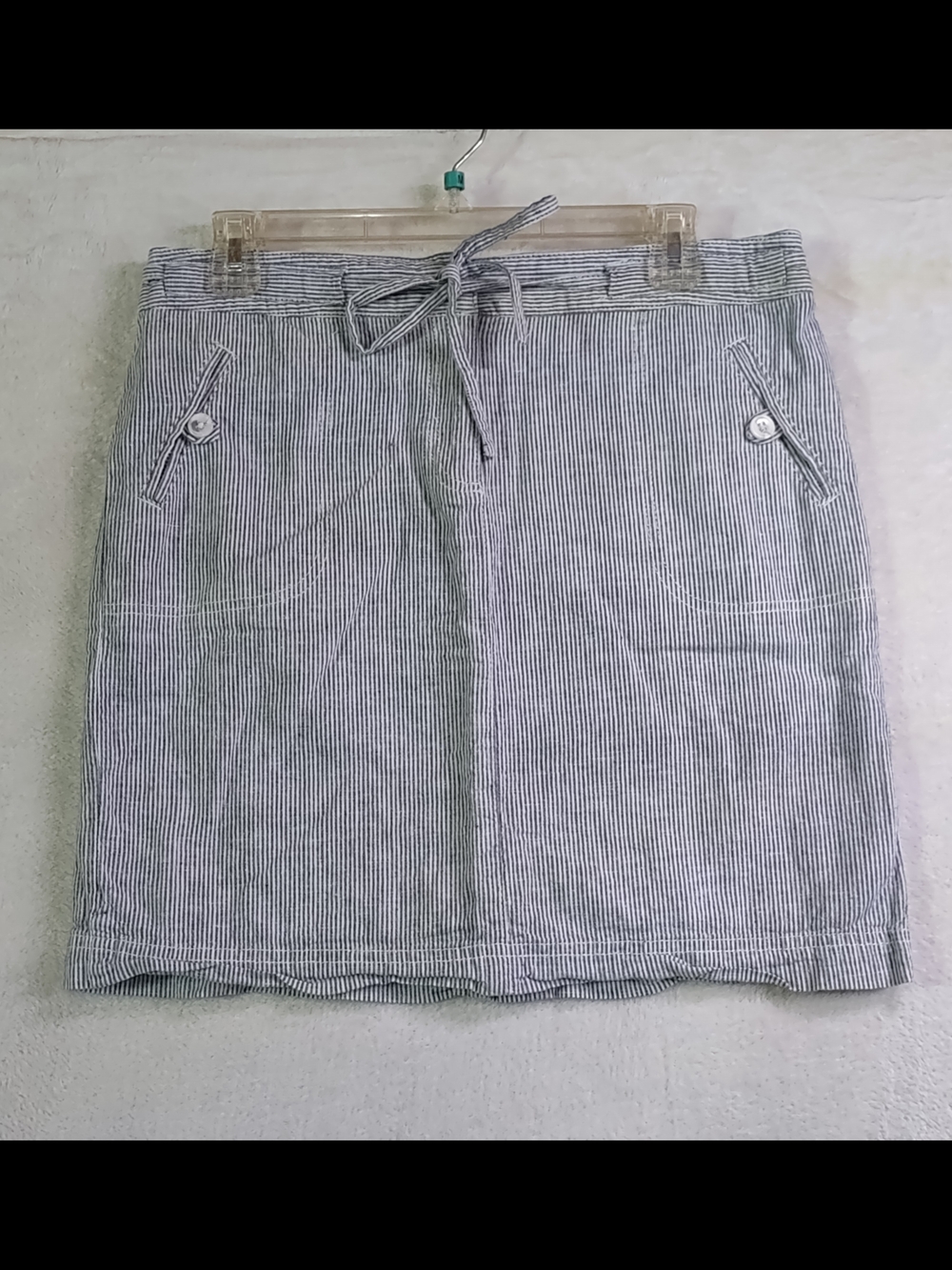 Dalia Blue and White Pinstripe Drawstring Mini Skirt